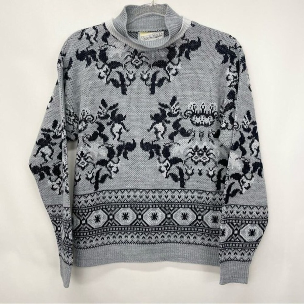 Vintage Diane Von Furstenberg Ski Sweater Double‎ Mock Neck Knit Floral Cabin